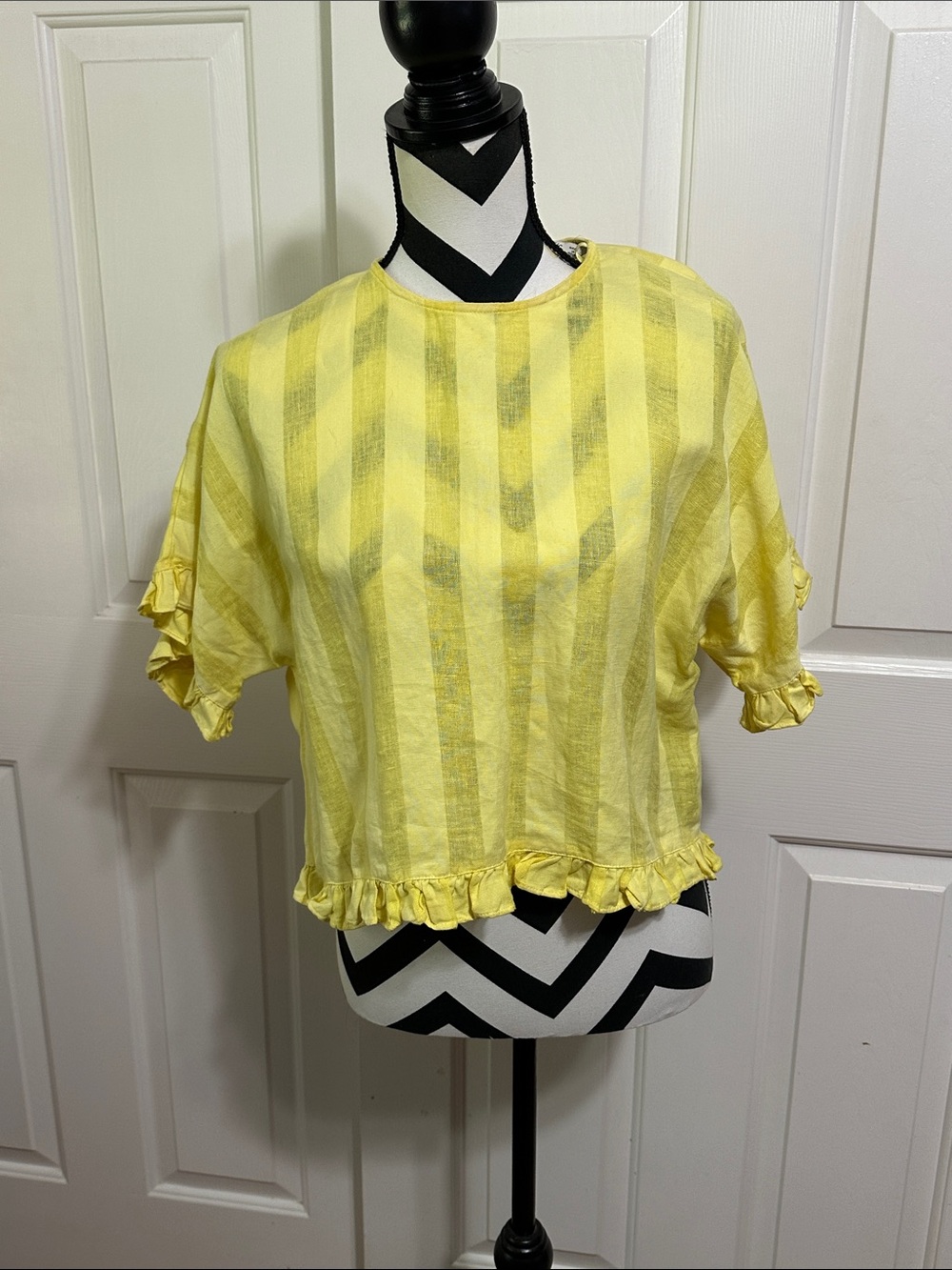 Zara Yellow Striped Ruffle Hem Crop Top